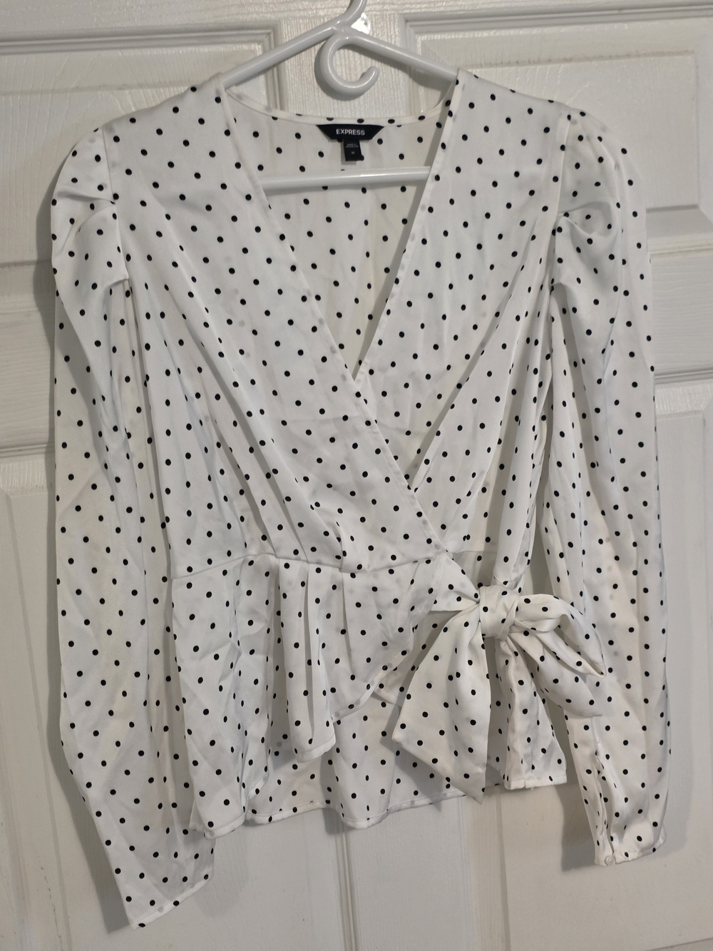 Express White and Black Polka Dot Wrap Blouse